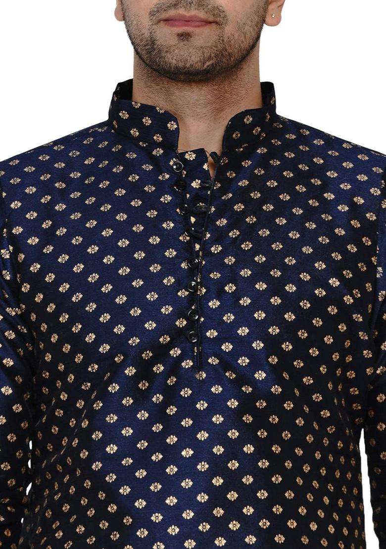 Blue Printed Silk Blend Kurta Set For Men - Indya
