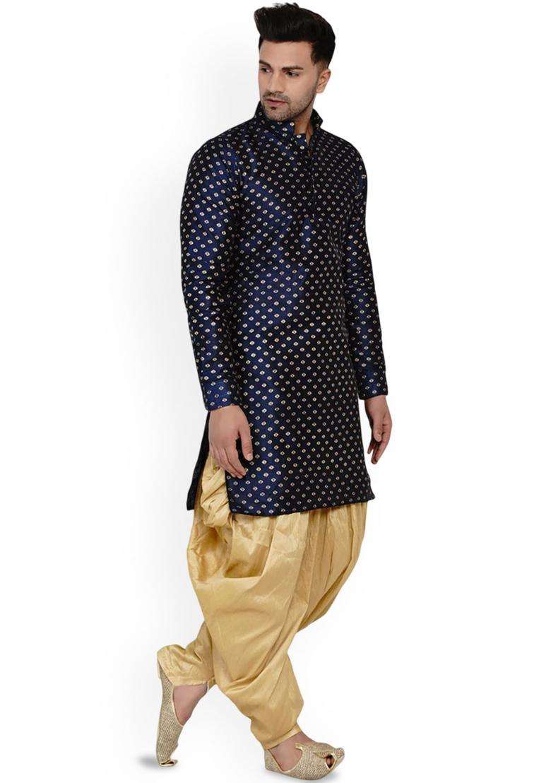 Blue Printed Silk Blend Kurta Set For Men - Indya