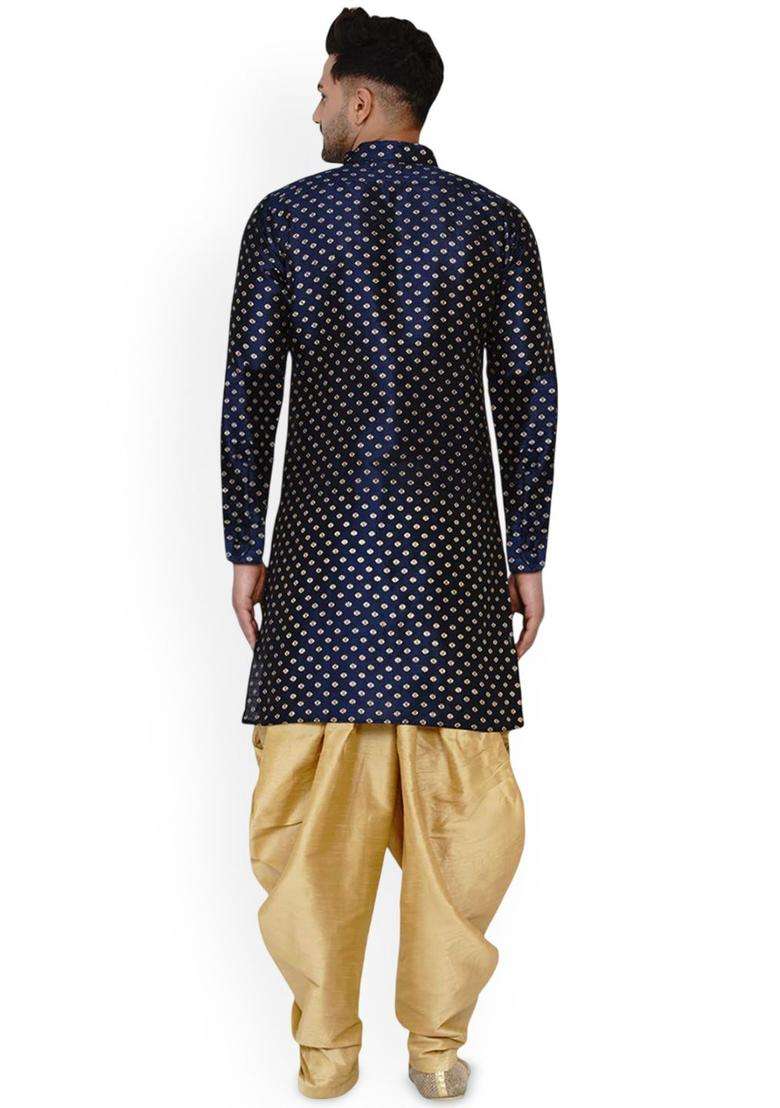 Blue Printed Silk Blend Kurta Set For Men - Indya