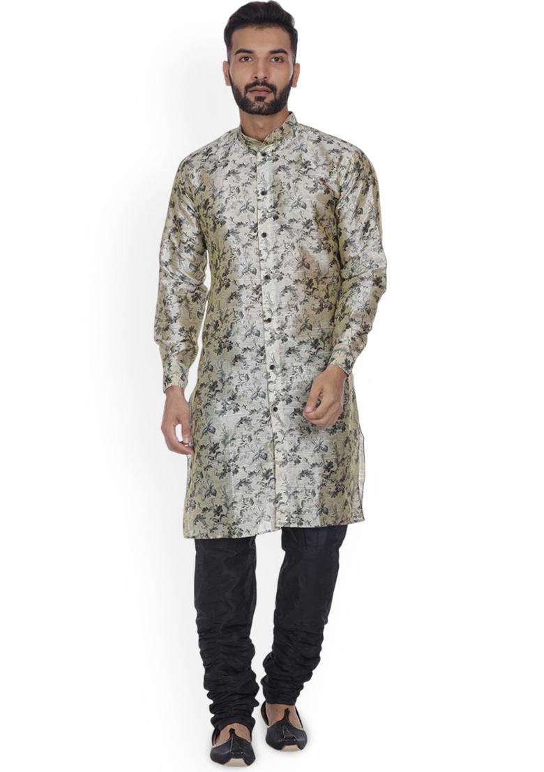 Beige Printed Silk Kurta Set For Men - Indya