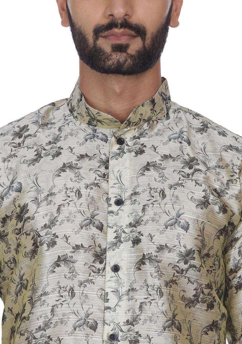 Beige Printed Silk Kurta Set For Men - Indya