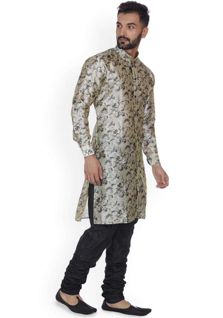 Beige Printed Silk Kurta Set For Men - Indya