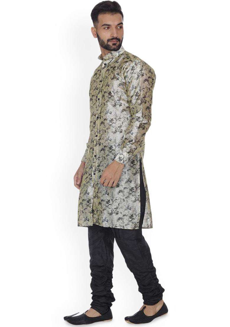 Beige Printed Silk Kurta Set For Men - Indya