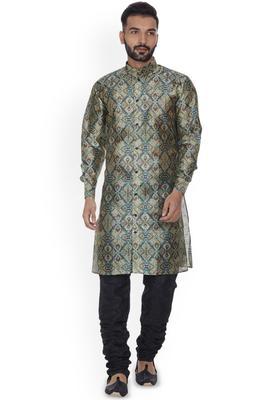 Green Printed Silk Kurta Set For Men