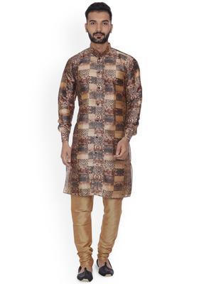 Brown Printed Silk Kurta Set For Men