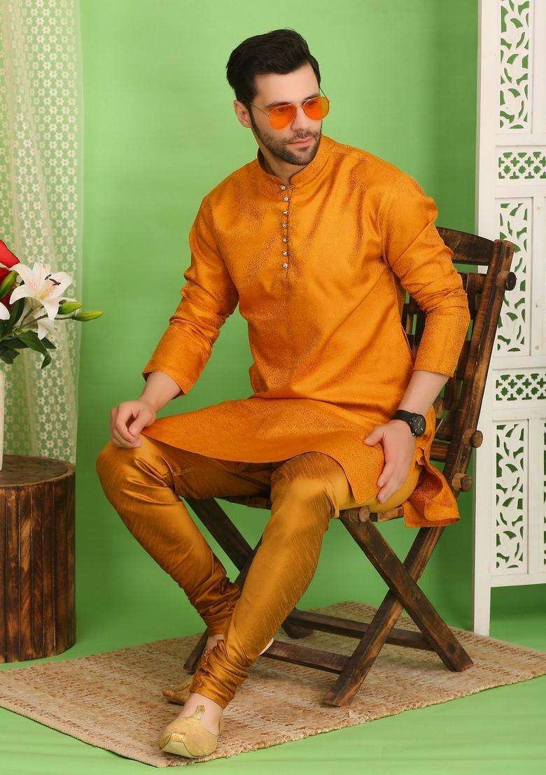 Yellow Woven Design Cotton Kurta Set For Men - Indya