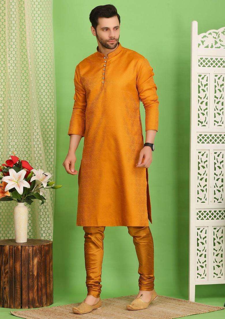 Yellow Woven Design Cotton Kurta Set For Men - Indya