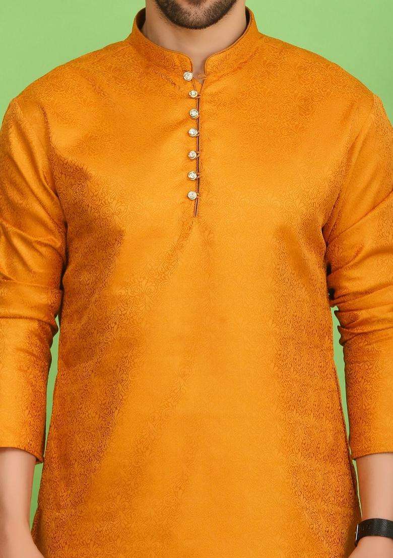 Yellow Woven Design Cotton Kurta Set For Men - Indya