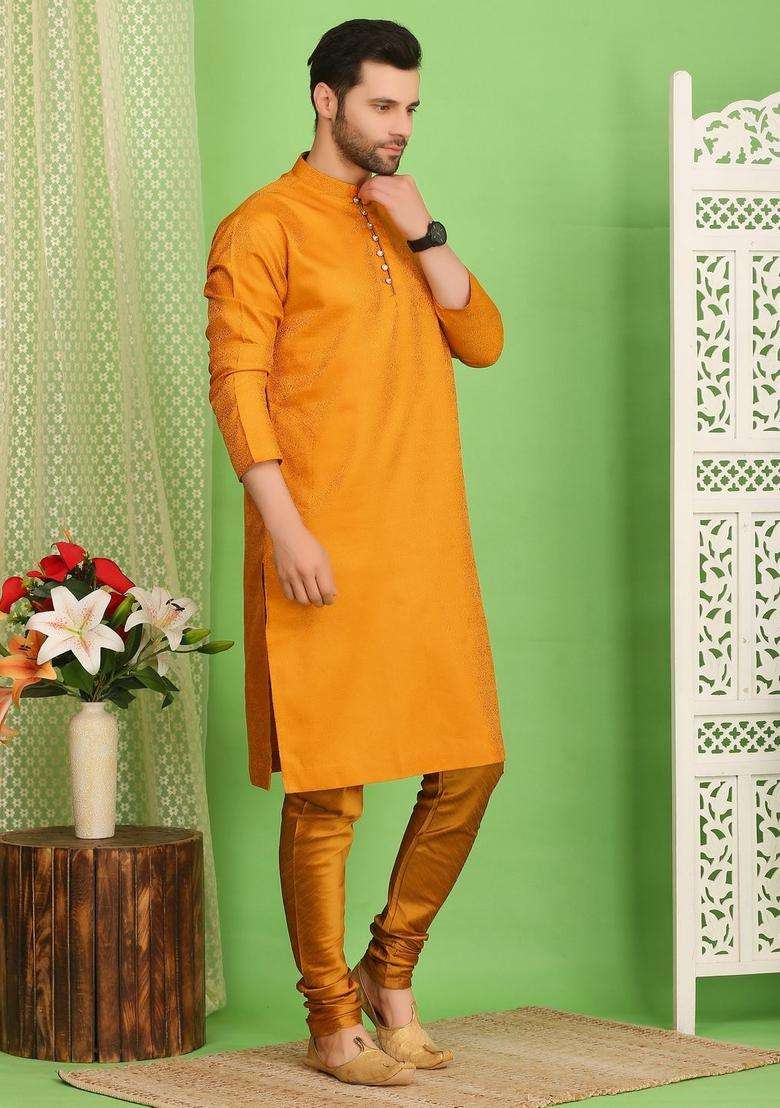 Yellow Woven Design Cotton Kurta Set For Men - Indya