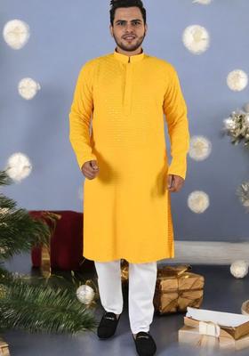 Yellow Embroidered Viscose Kurta Set For Men