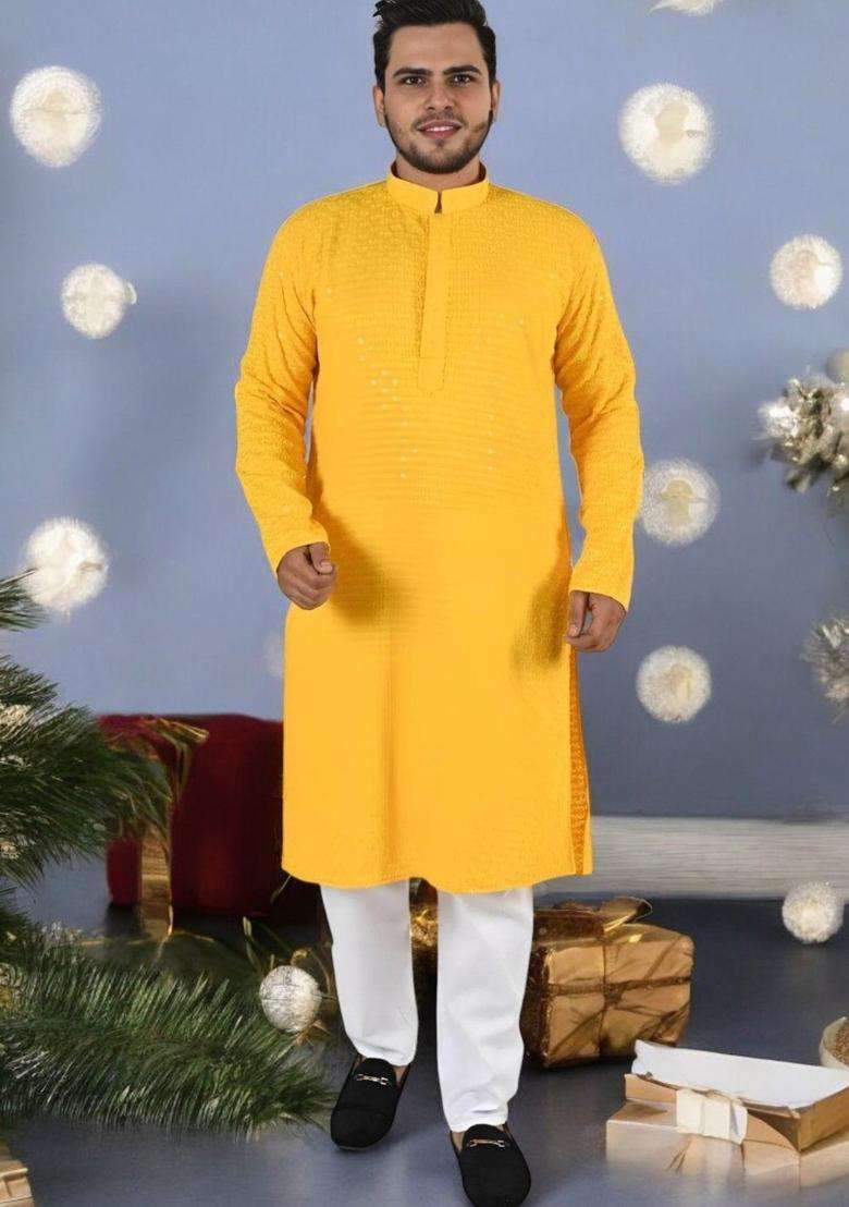 Yellow Embroidered Viscose Kurta Set For Men - Indya