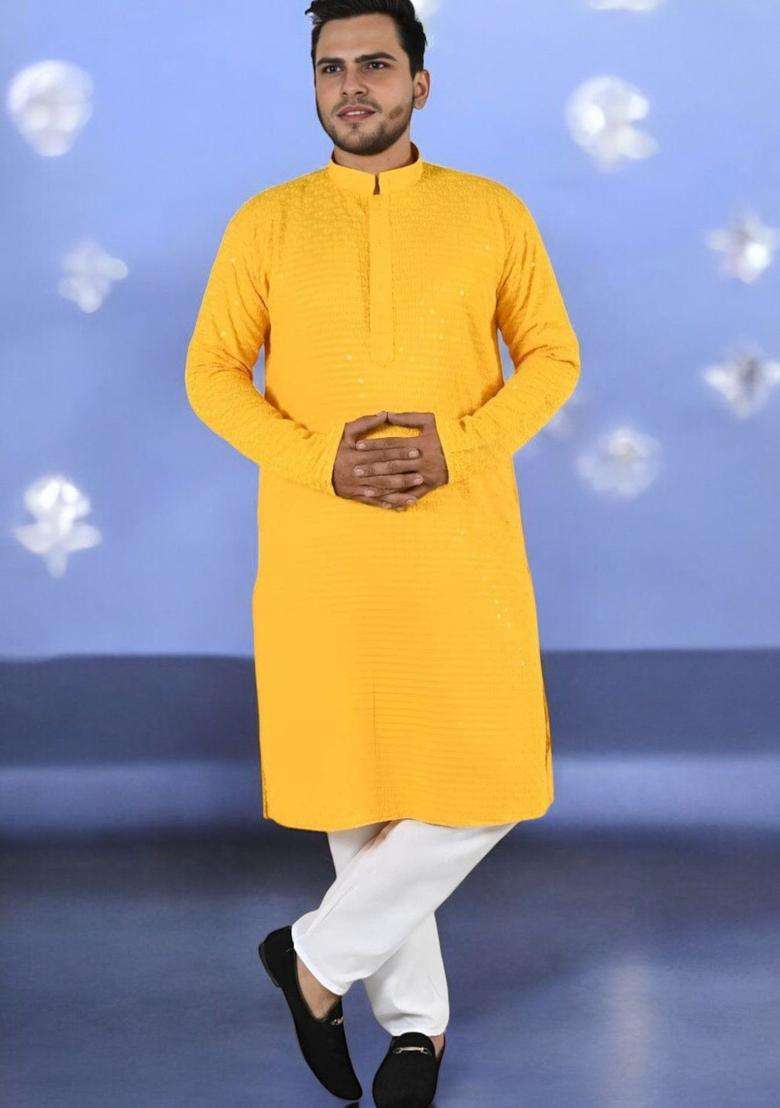 Yellow Embroidered Viscose Kurta Set For Men - Indya