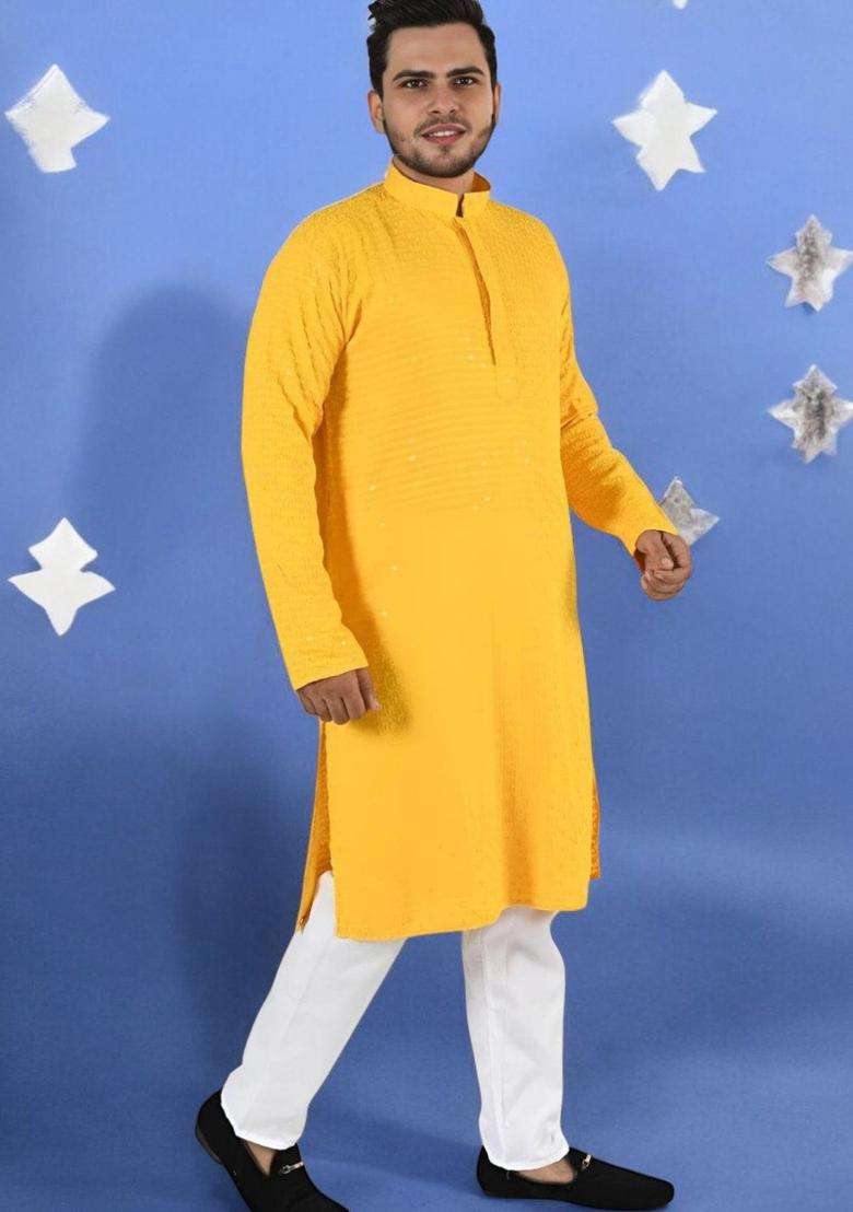 Yellow Embroidered Viscose Kurta Set For Men - Indya