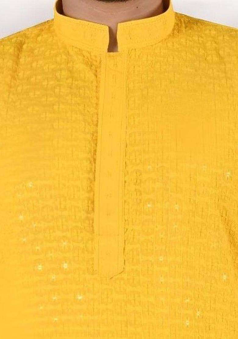 Yellow Embroidered Viscose Kurta Set For Men - Indya