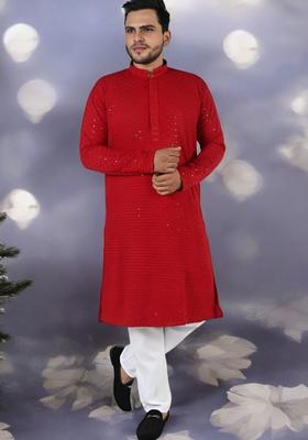 Maroon Embroidered Viscose Kurta Set For Men