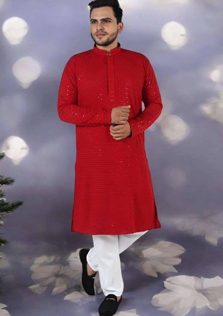 Maroon Embroidered Viscose Kurta Set For Men - Indya