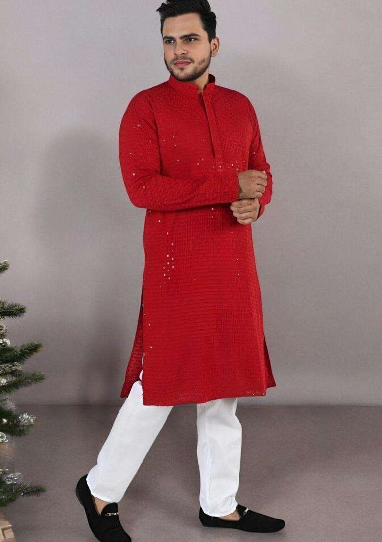 Maroon Embroidered Viscose Kurta Set For Men - Indya