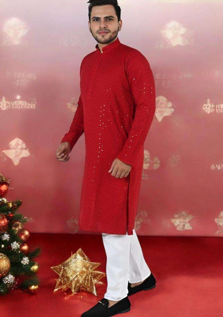 Maroon Embroidered Viscose Kurta Set For Men - Indya
