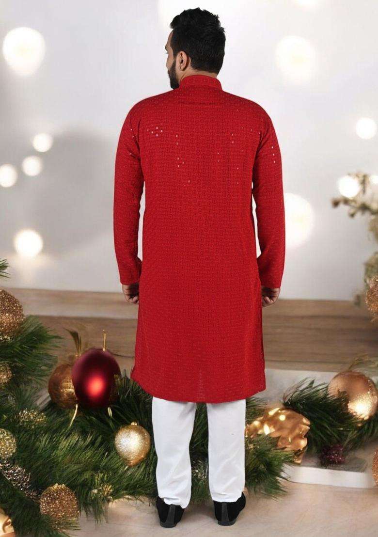 Maroon Embroidered Viscose Kurta Set For Men - Indya