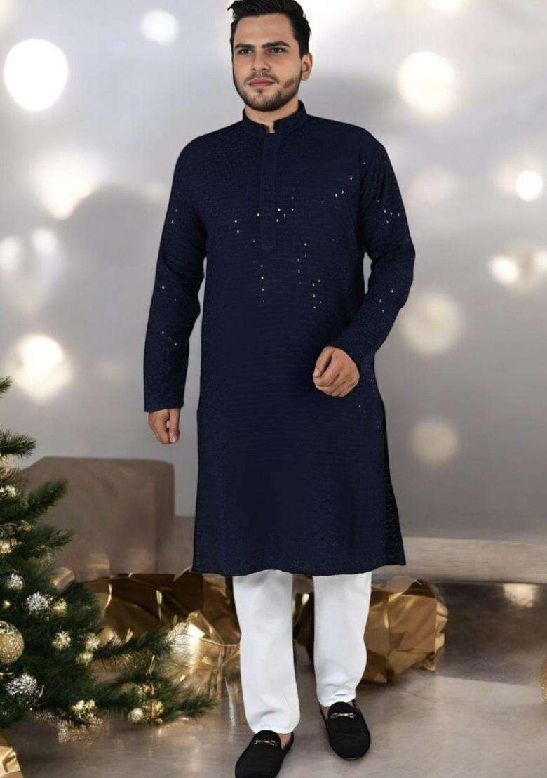 Navy Blue Embroidered Viscose Kurta Set For Men - Indya