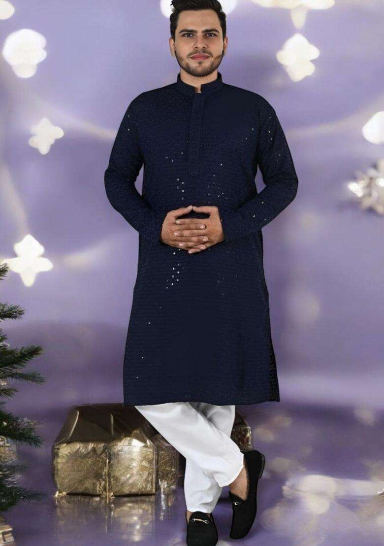 Navy Blue Embroidered Viscose Kurta Set For Men - Indya