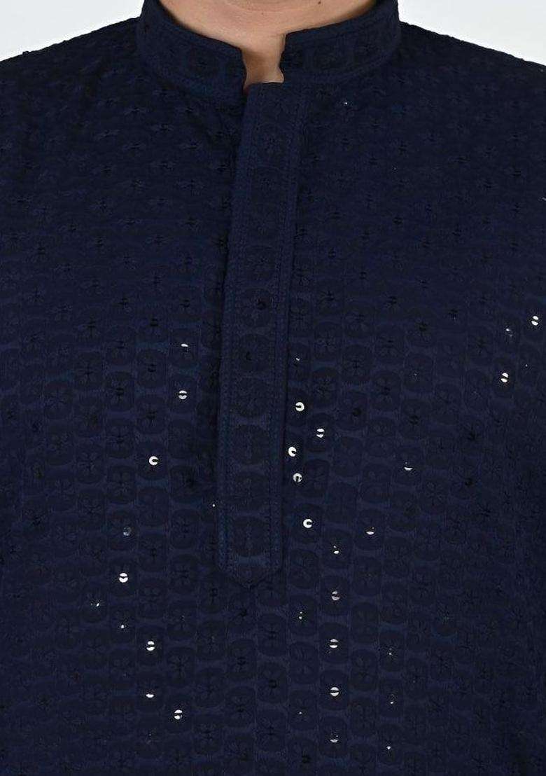Navy Blue Embroidered Viscose Kurta Set For Men - Indya