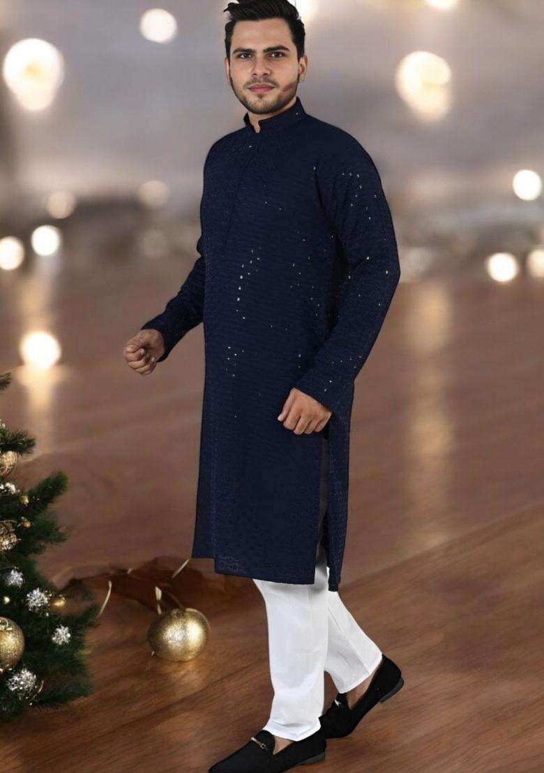 Navy Blue Embroidered Viscose Kurta Set For Men - Indya