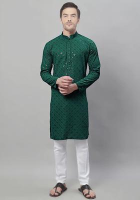Green Embroidered Cotton Kurta Set For Men