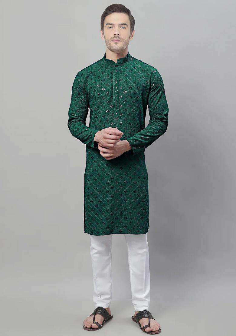 Green Embroidered Cotton Kurta Set For Men - Indya
