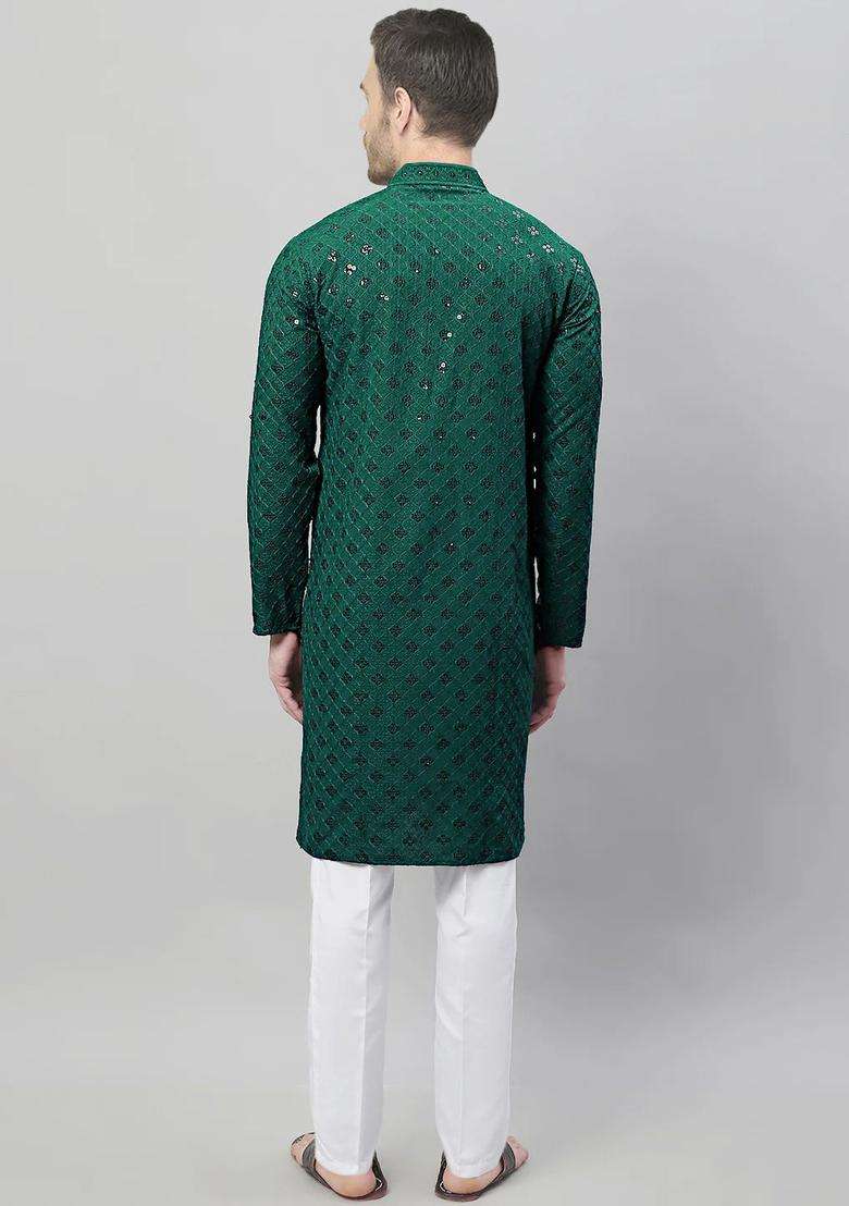 Green Embroidered Cotton Kurta Set For Men - Indya