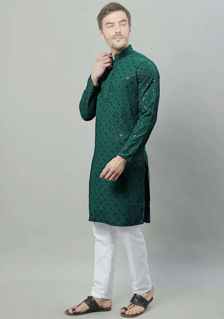 Green Embroidered Cotton Kurta Set For Men - Indya