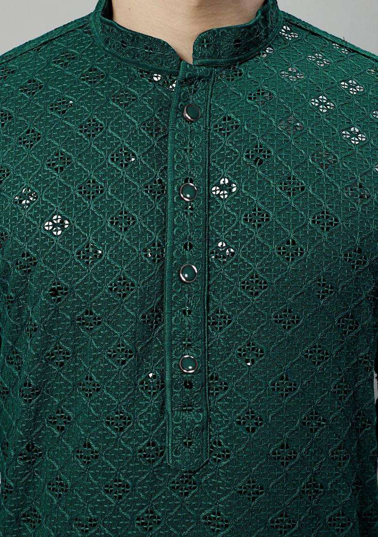 Green Embroidered Cotton Kurta Set For Men - Indya
