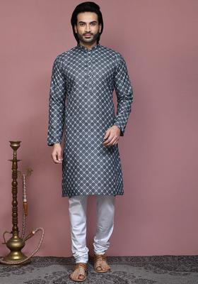 Grey Printed Cotton Kurta Set For Men
