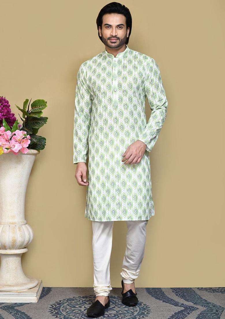 Green Embroidered Cotton Kurta Set For Men - Indya