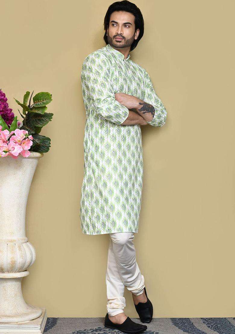 Green Embroidered Cotton Kurta Set For Men - Indya