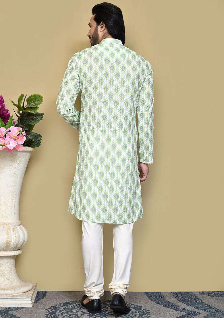 Green Embroidered Cotton Kurta Set For Men - Indya