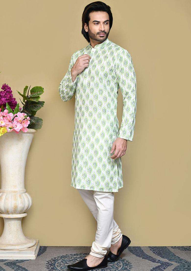 Green Embroidered Cotton Kurta Set For Men - Indya