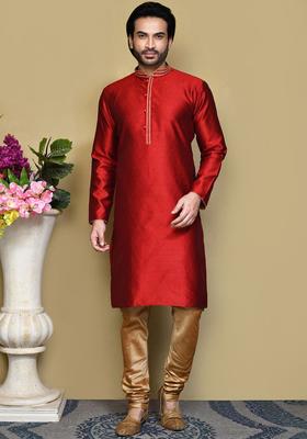 Maroon Embroidered Silk Kurta Set For Men