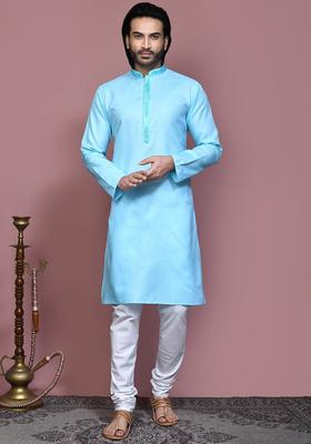 Blue Embroidered Cotton Kurta Set For Men