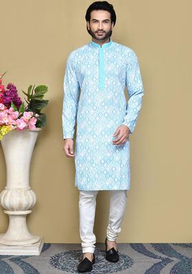 Blue Embroidered Cotton Kurta Set For Men
