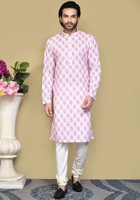 Pink Embroidered Cotton Kurta Set For Men