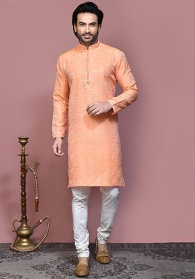 Red Embroidered Silk Kurta Set For Men