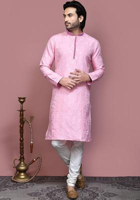 Pink Embroidered Silk Kurta Set For Men