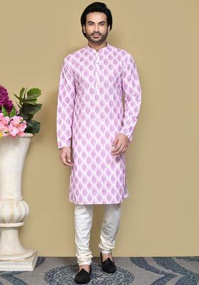 Purple Embroidered Cotton Kurta Set For Men