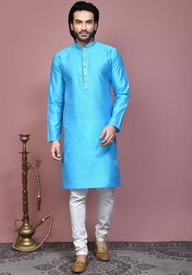Blue Woven Design Silk Blend Kurta Set For Men