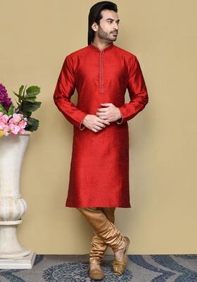 Red Woven Design Silk Kurta Set For Men