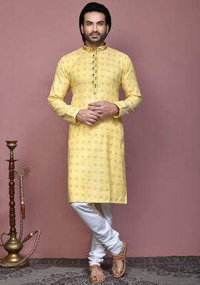 Yellow Embroidered Cotton Kurta Set For Men