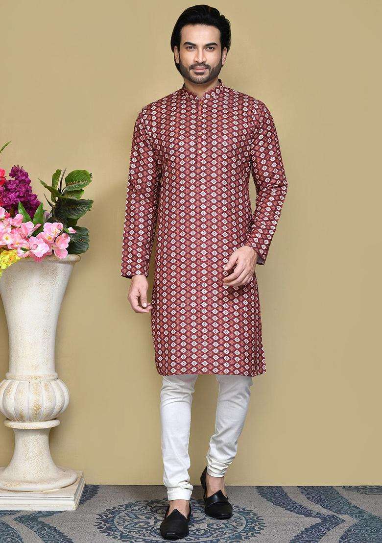 Multi Embroidered Cotton Kurta Set For Men - Indya