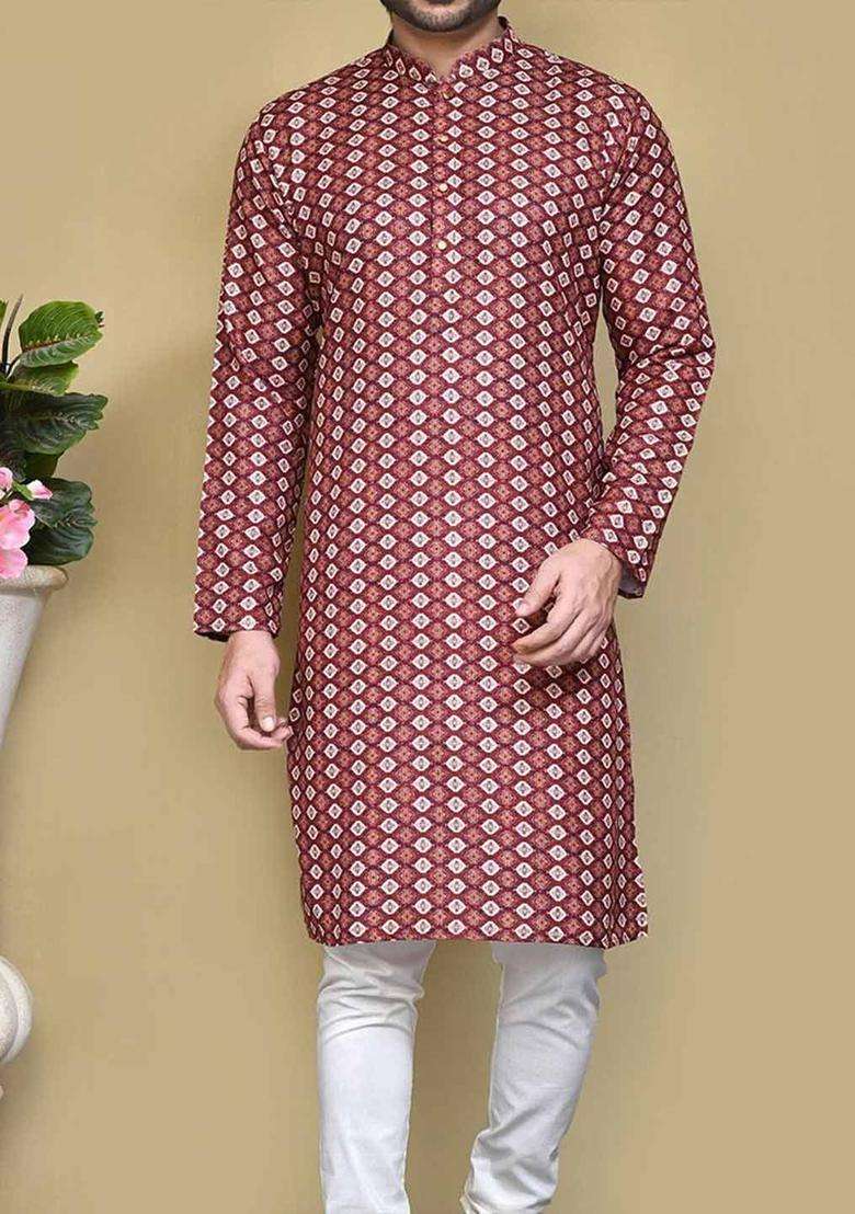 Multi Embroidered Cotton Kurta Set For Men - Indya