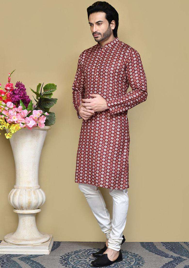 Multi Embroidered Cotton Kurta Set For Men - Indya
